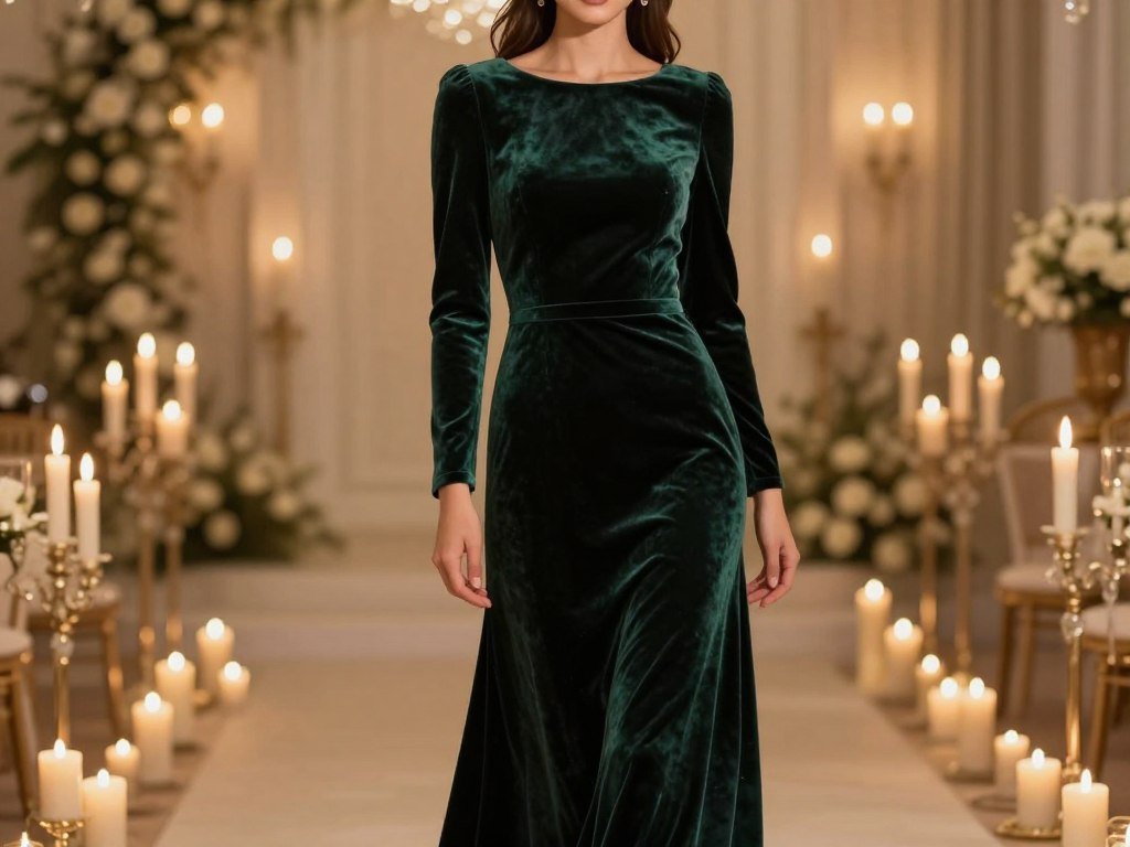 Woman in dark forest green velvet gown at winter wedding