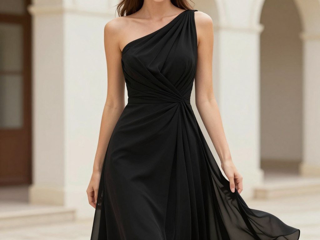 Woman in draped black tie wedding guest dress for summer in flowing fabric