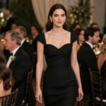 Woman in elegant black midi dress with subtle jewelry at an evening wedding reception