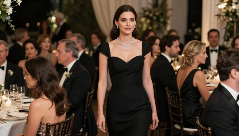 Woman in elegant black midi dress with subtle jewelry at an evening wedding reception
