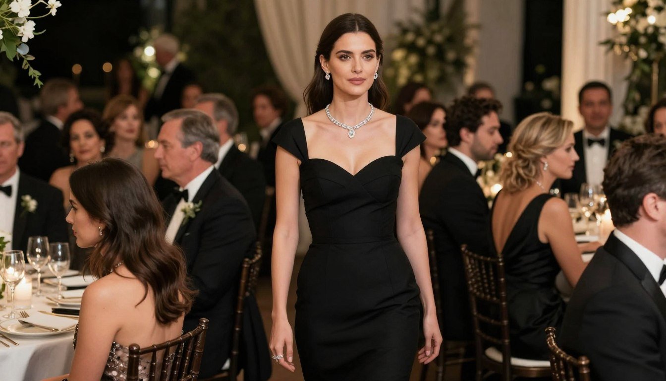 Woman in elegant black midi dress with subtle jewelry at an evening wedding reception
