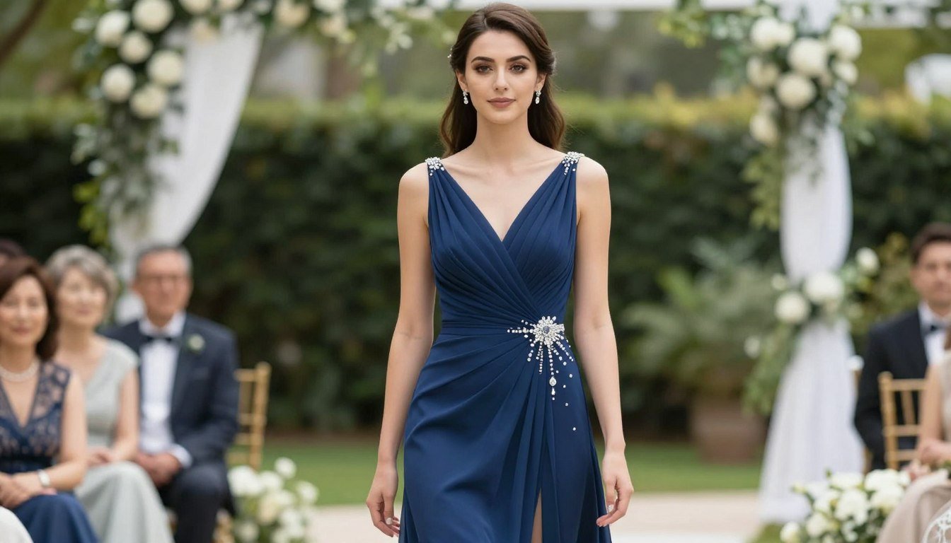 Woman in elegant blue wedding guest dress at outdoor wedding venue