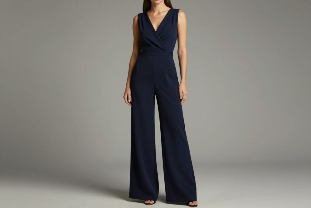 Woman in elegant jumpsuit appropriate for cocktail wedding dress code