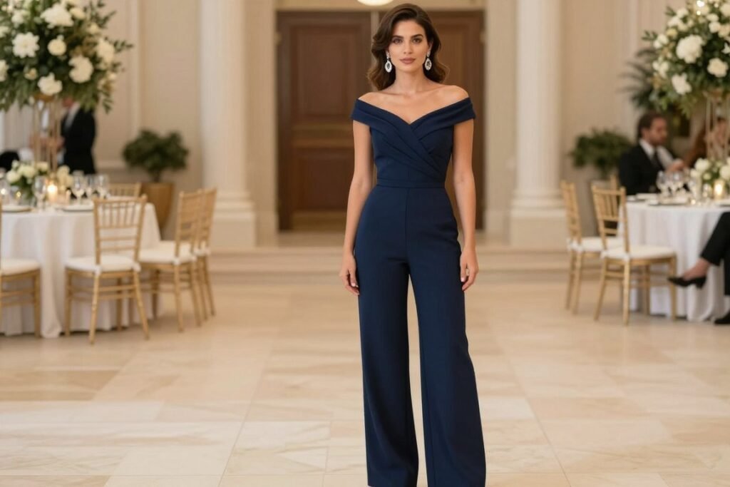Woman in elegant jumpsuit for black tie optional wedding
