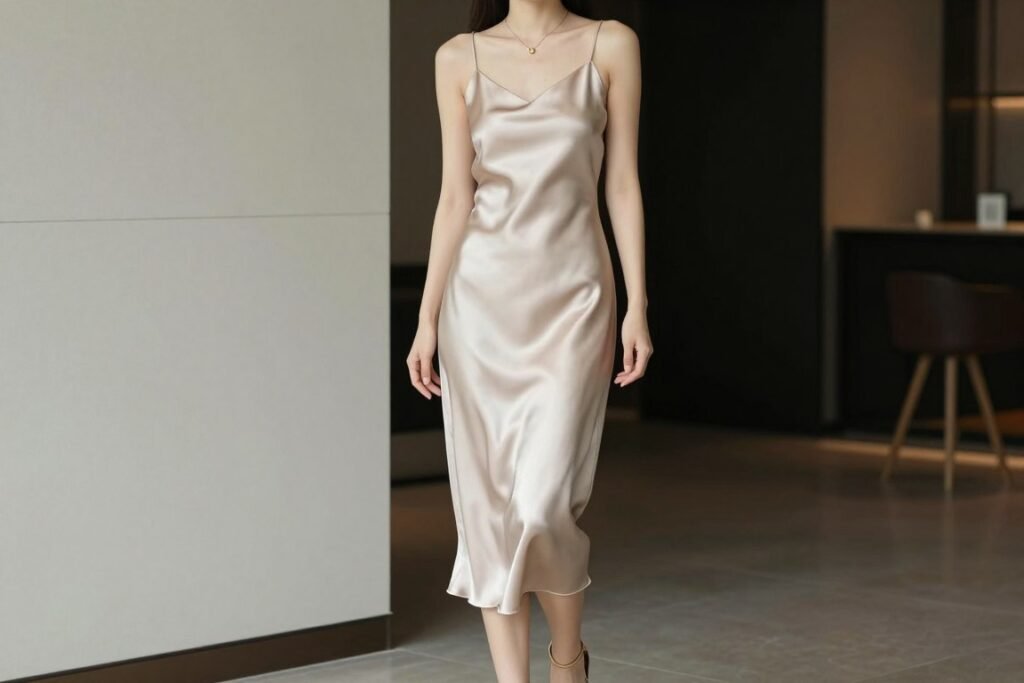 Woman in elegant slip dress with minimalist accessories for summer wedding