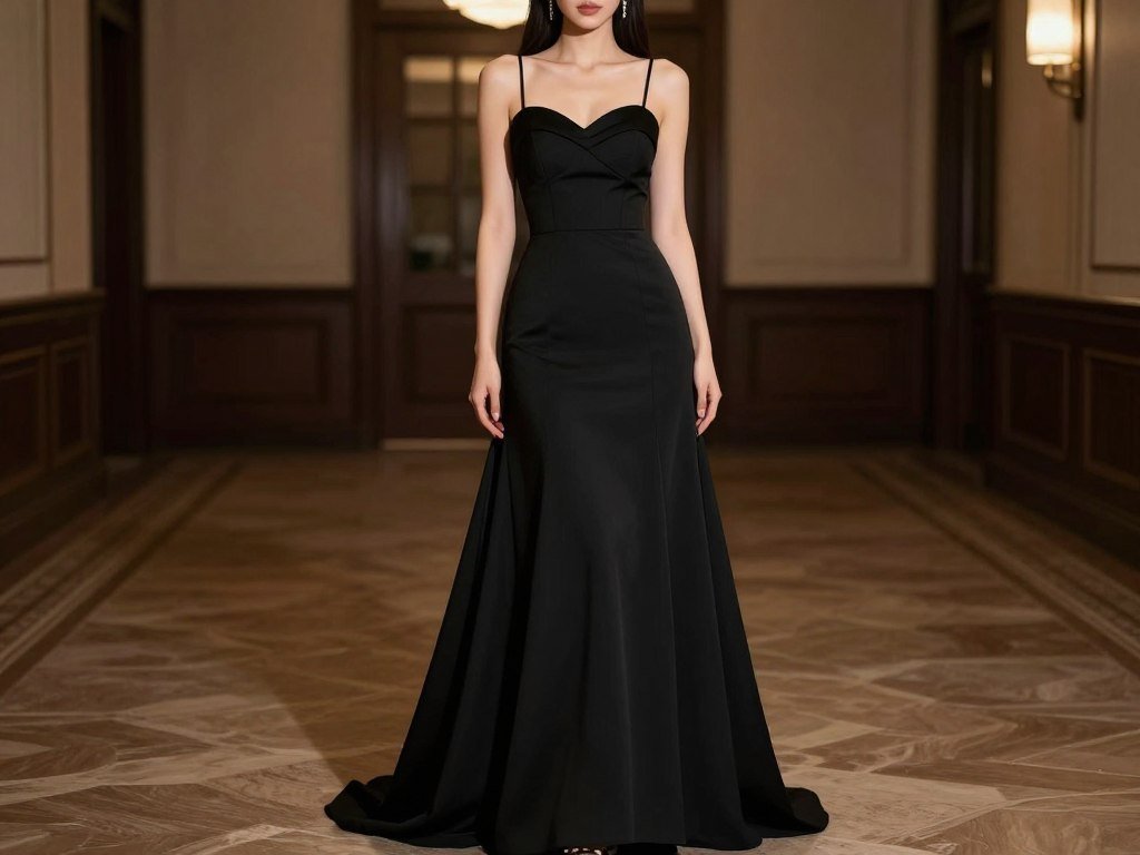 Woman in floor-length black gown with sweetheart neckline at black-tie wedding
