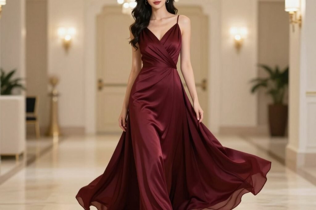 Woman in floor-length black tie optional wedding guest dress