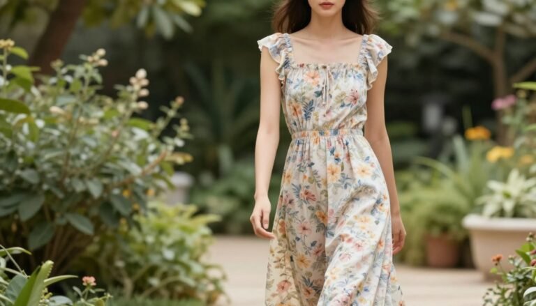 Woman in floral babydoll dress walking through a sunlit garden path