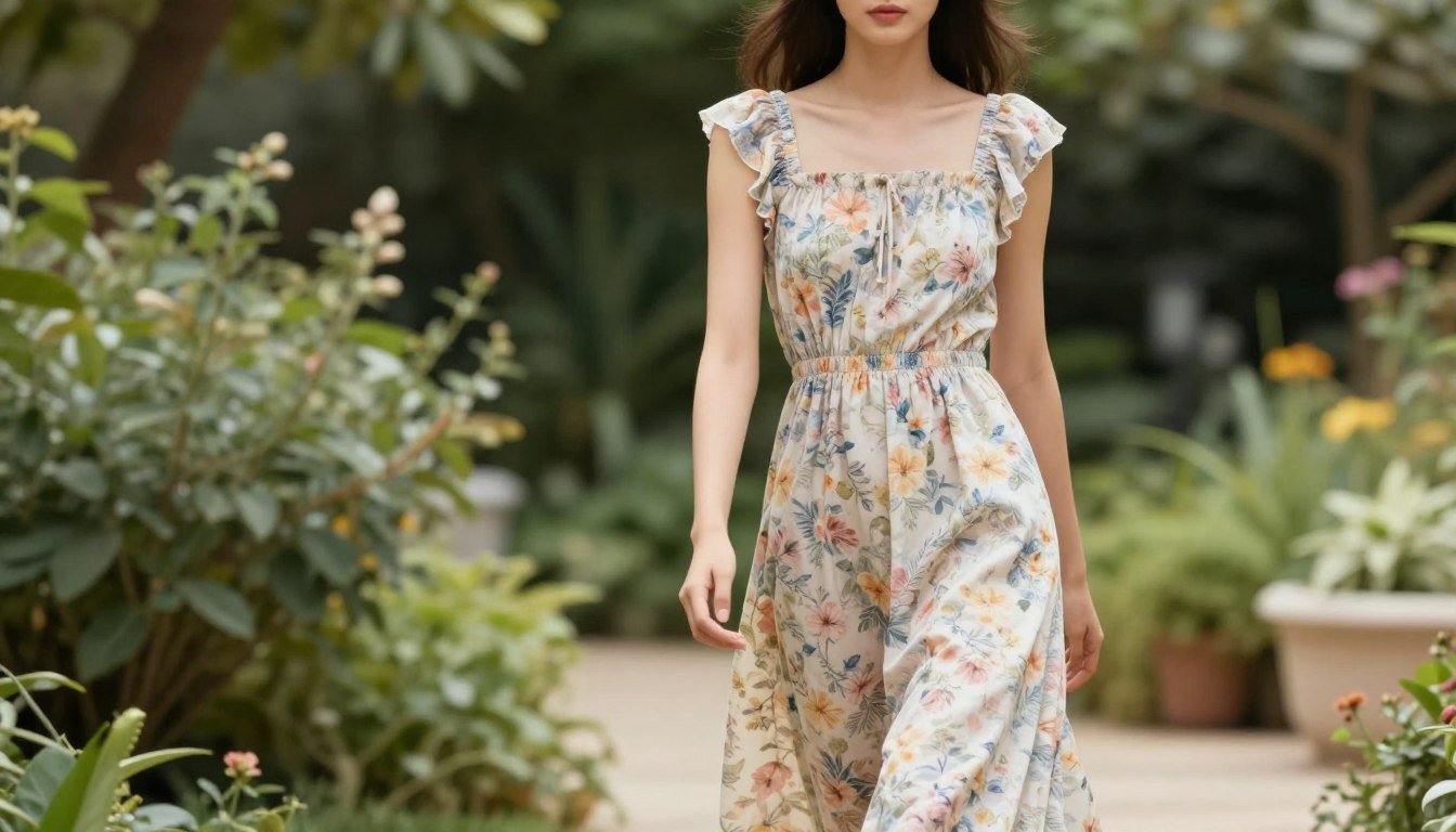 Woman in floral babydoll dress walking through a sunlit garden path