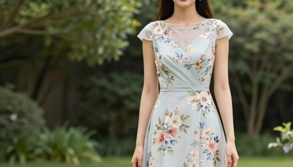 Woman in floral print cocktail dress perfect for spring wedding