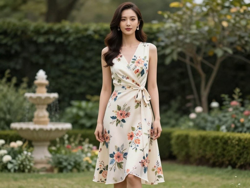 Woman in floral wrap dress styled for cocktail wedding