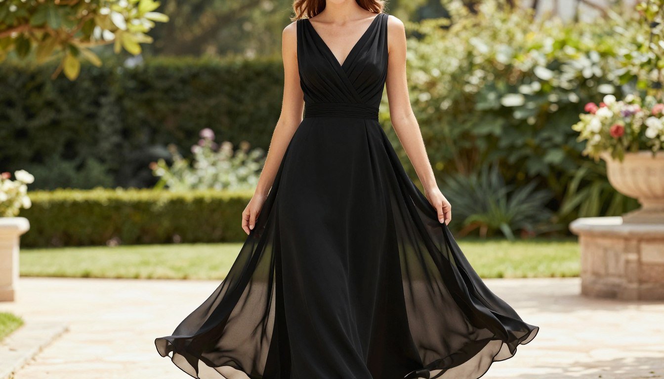 Woman in flowing black tie wedding guest dress summer attire walking through garden venue