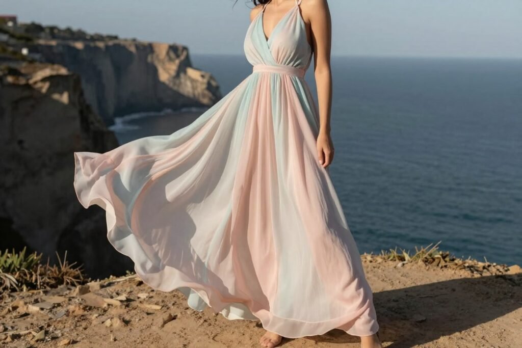 Woman in flowing chiffon maxi dress on coastal cliff