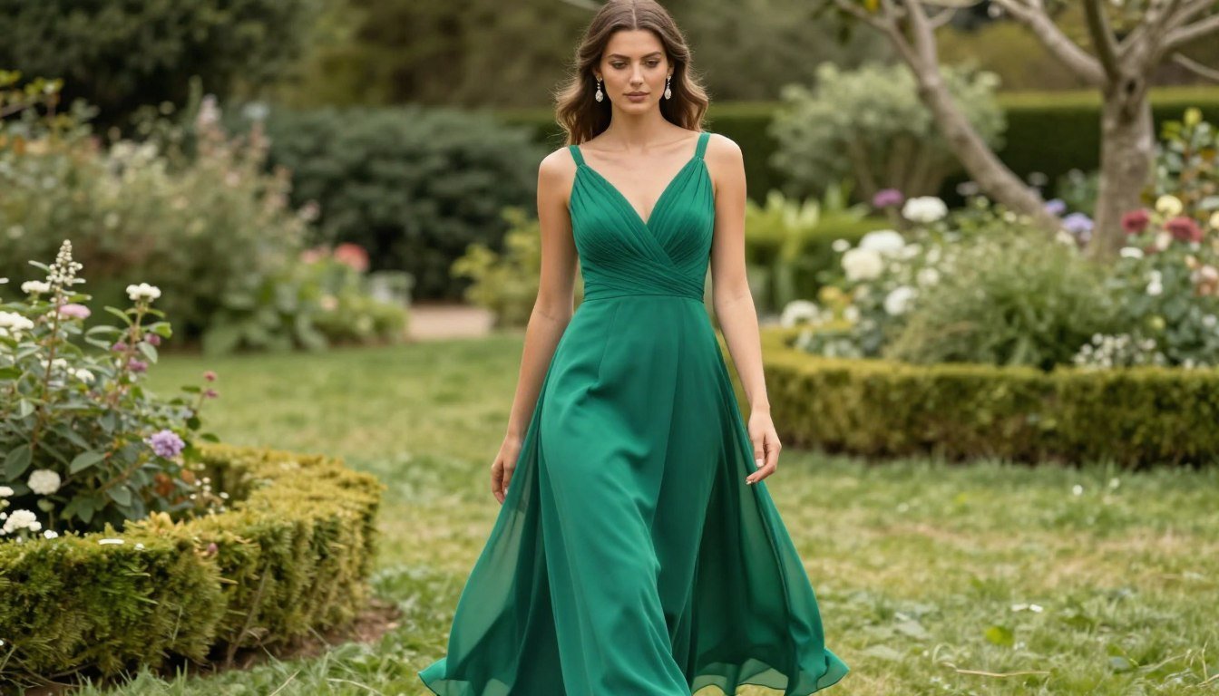 Woman in flowing emerald green wedding guest dress walking through garden setting