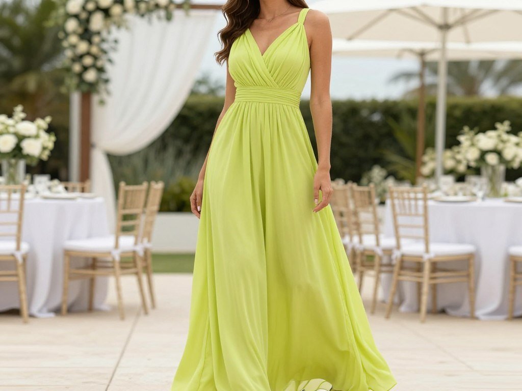 Woman in flowing lime green maxi dress at summer outdoor wedding