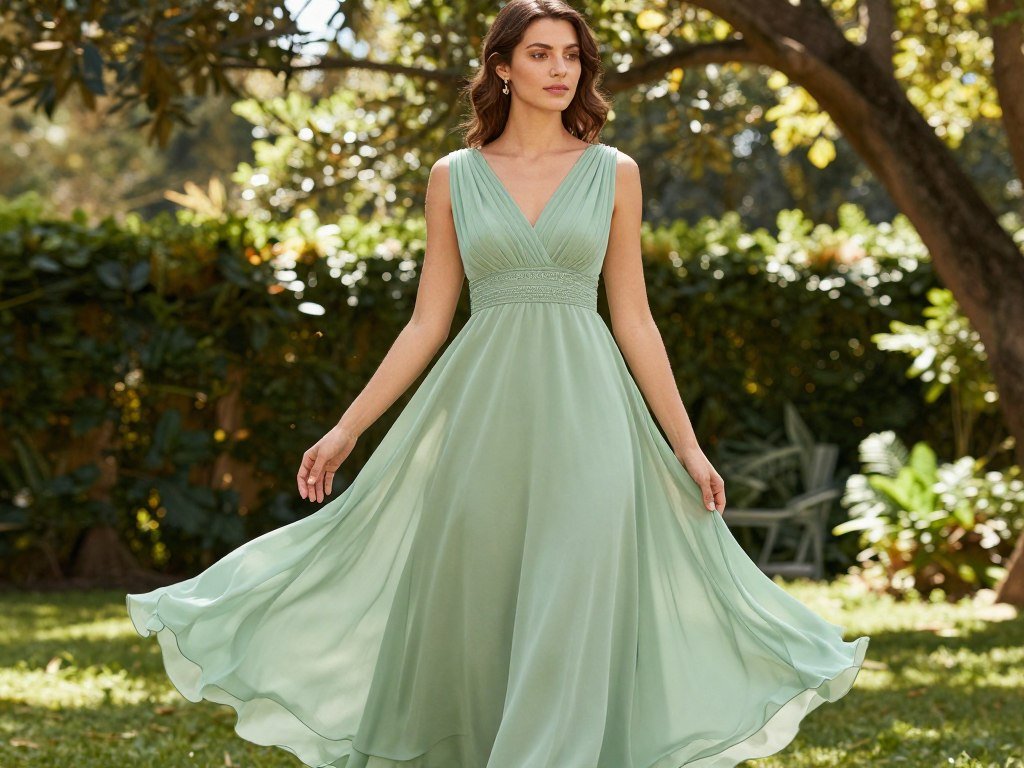 Woman in flowing sage green chiffon dress in garden setting