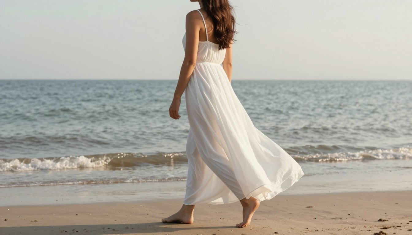 Woman in flowing white long summer dress walking along beach shoreline