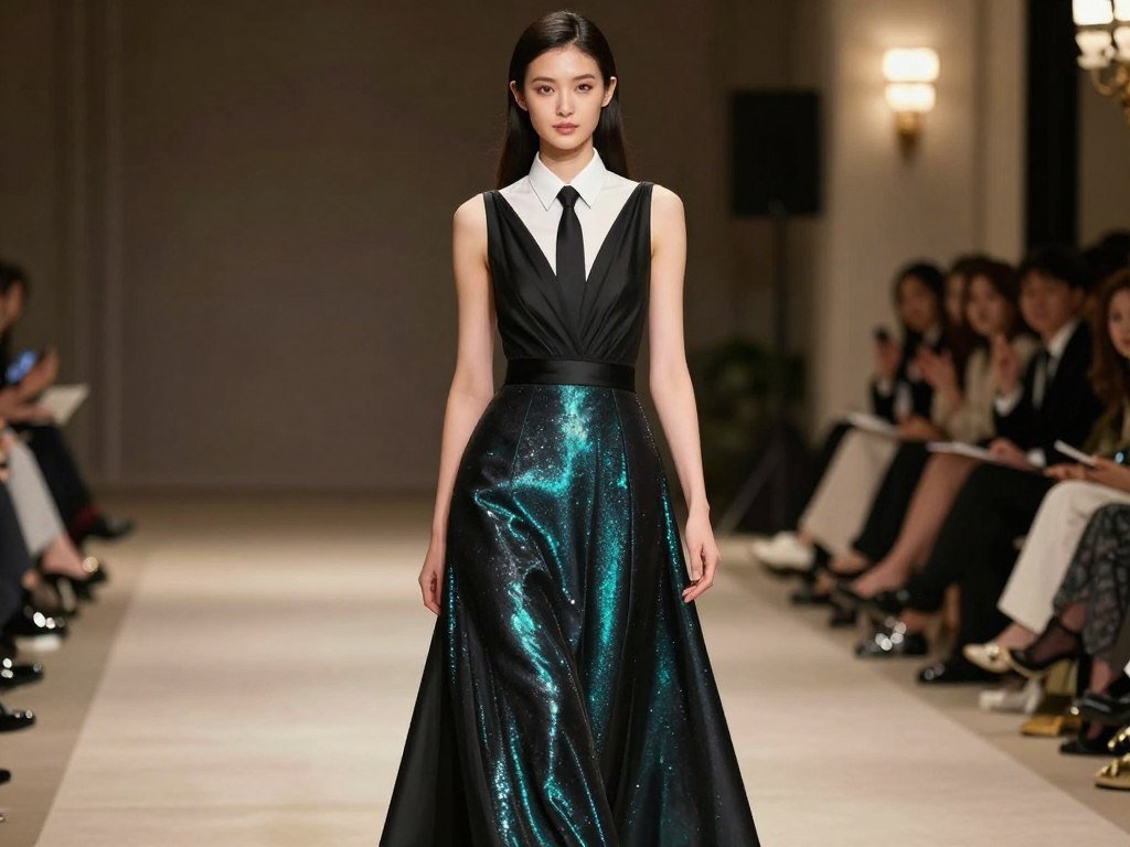 Woman in formal black tie wedding guest outfit with floor-length gown