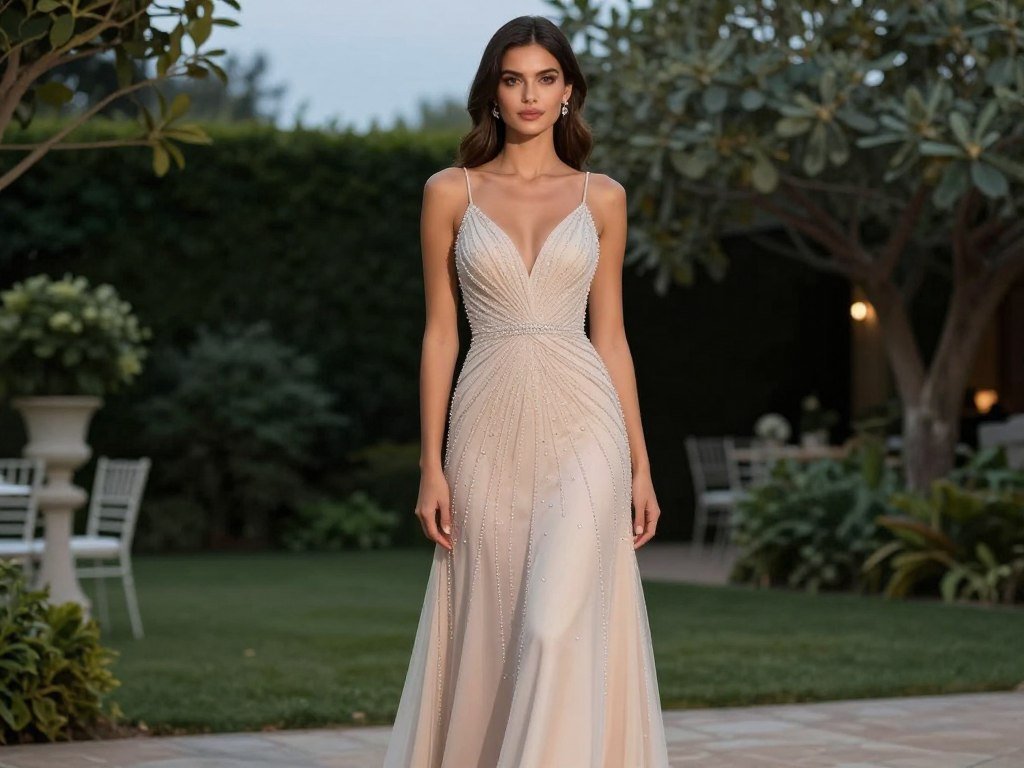 Woman in formal floor-length gown appropriate for black tie summer wedding