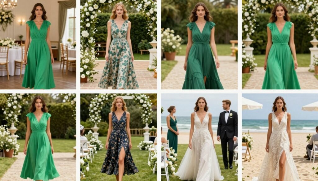 Woman in green dress navigating different wedding settings