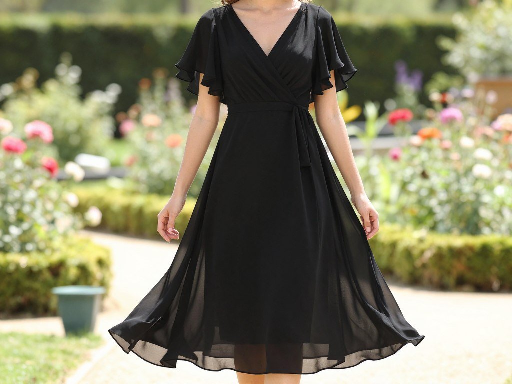 Woman in lightweight black chiffon dress at summer garden wedding