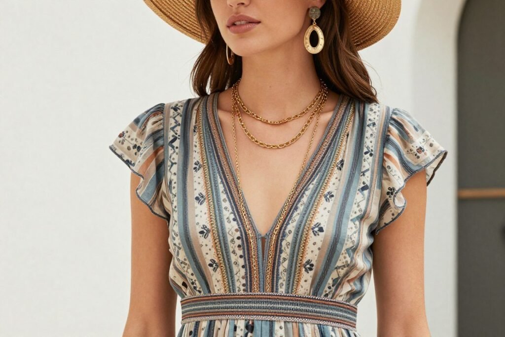 Woman in long dress with layered summer accessories