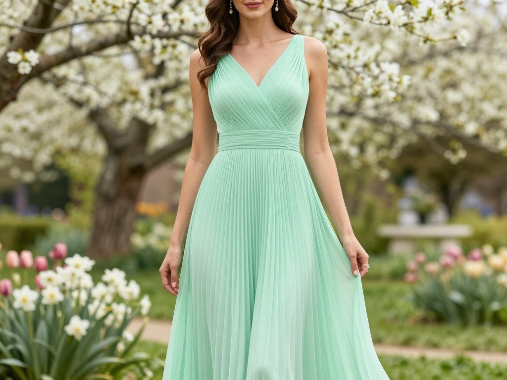 Woman in mint green pleated dress at spring garden wedding