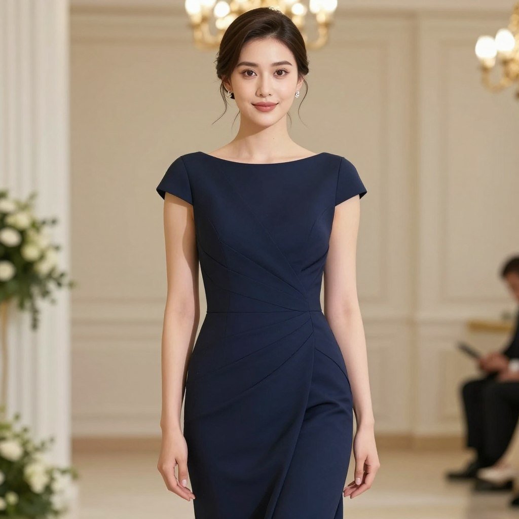 Woman in navy blue formal dress for black tie optional wedding