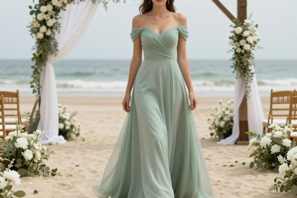 Woman in off-shoulder beach wedding guest dress on decorated beach