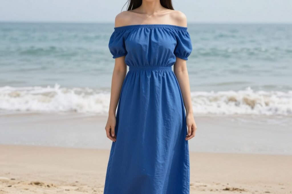 Woman in off-shoulder long summer dress on beach