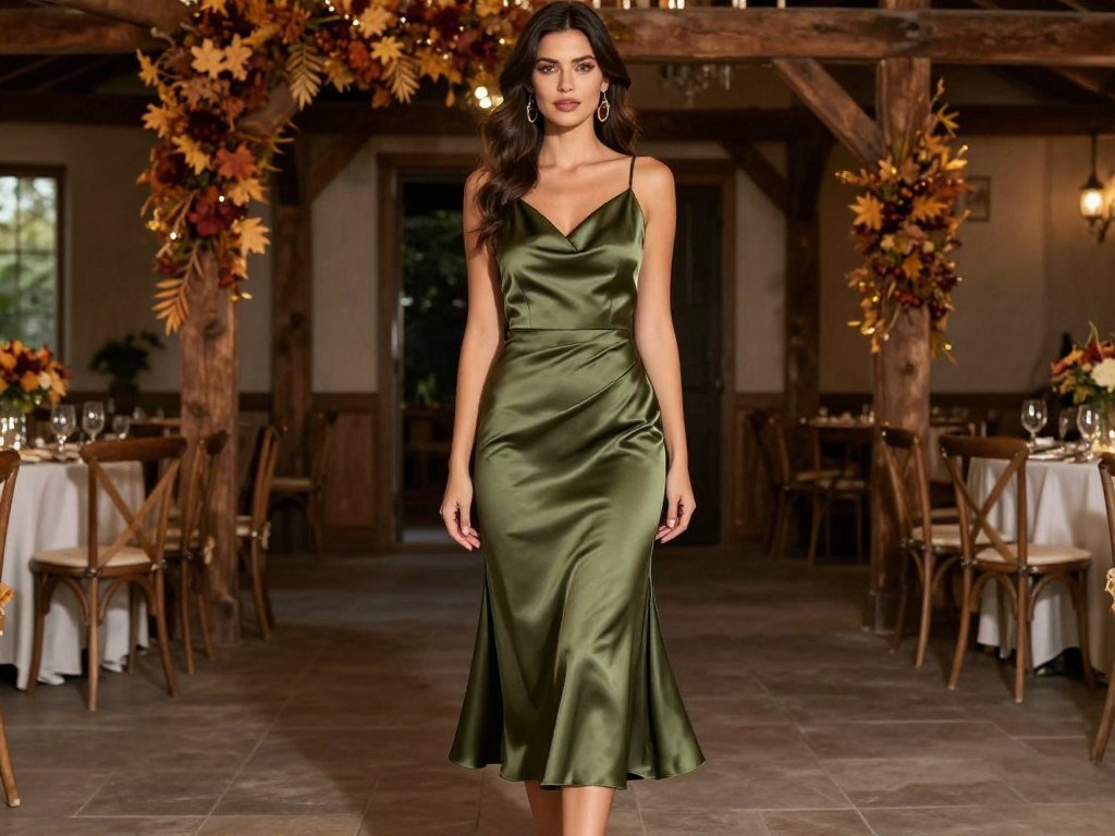 Woman in olive green satin dress at rustic fall wedding