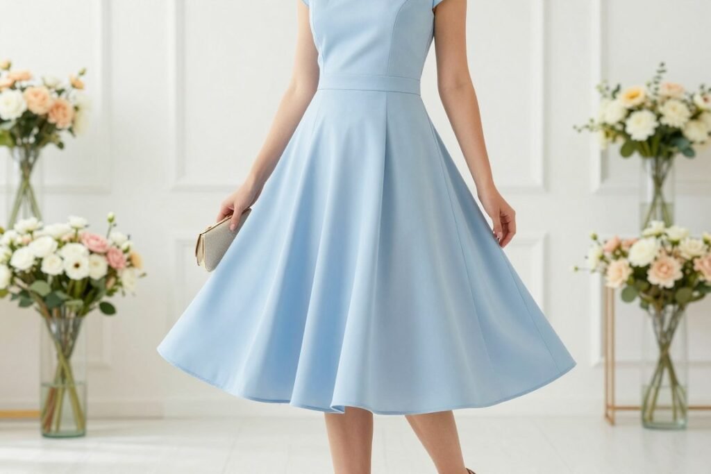 Woman in pastel tea-length dress with structured bodice for summer wedding