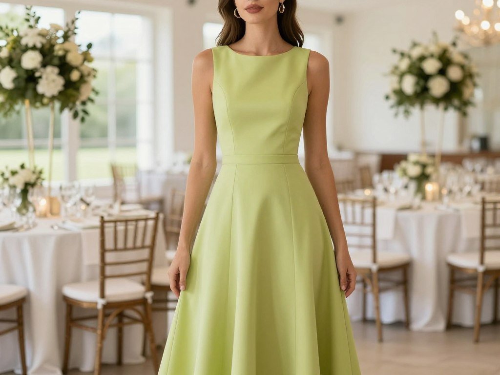 Woman in pistachio green A-line dress at daytime wedding