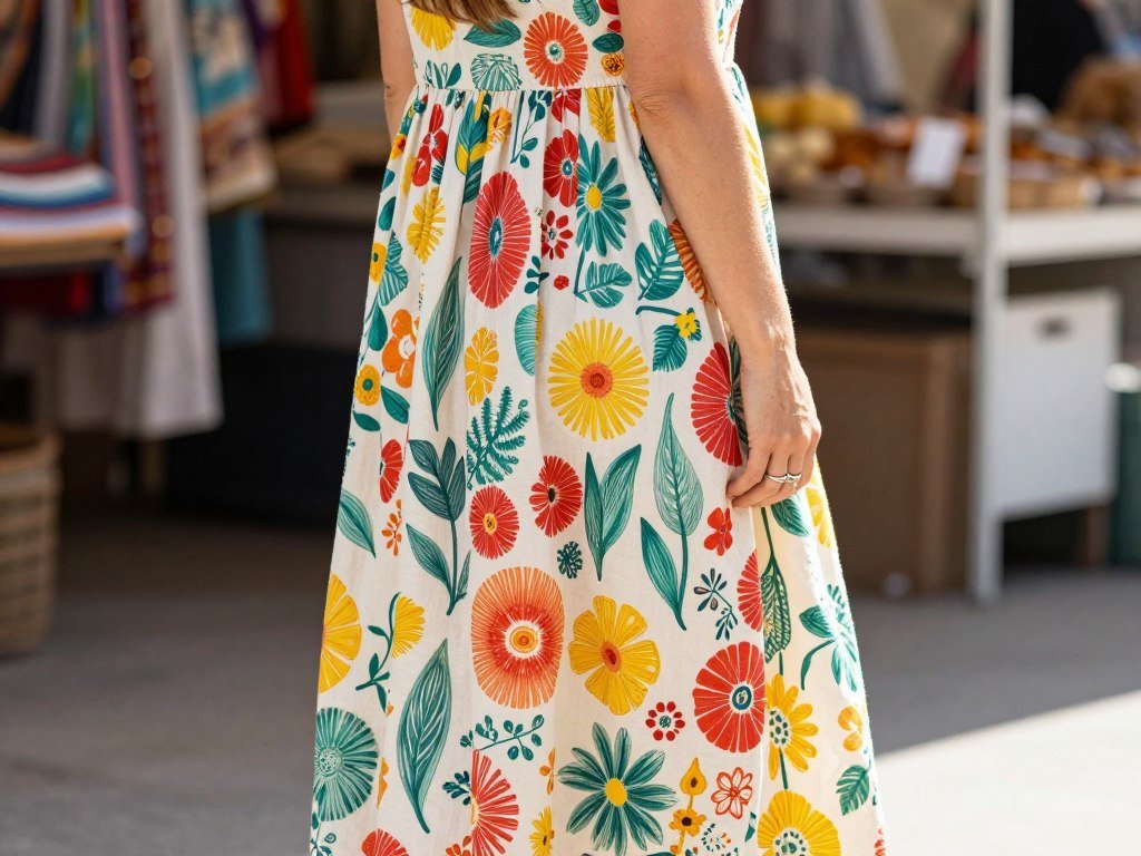 Woman in printed cotton maxi dress at outdoor market