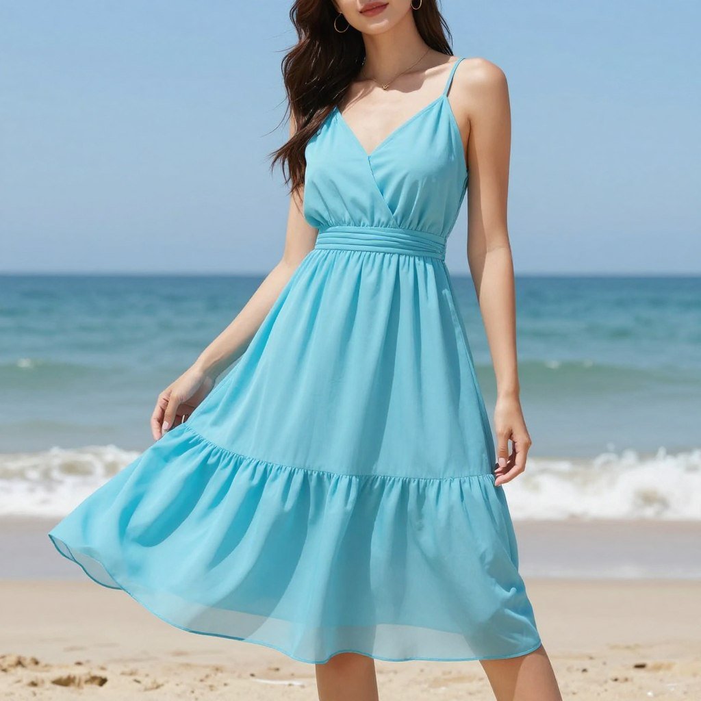 Woman in sky blue summer dress