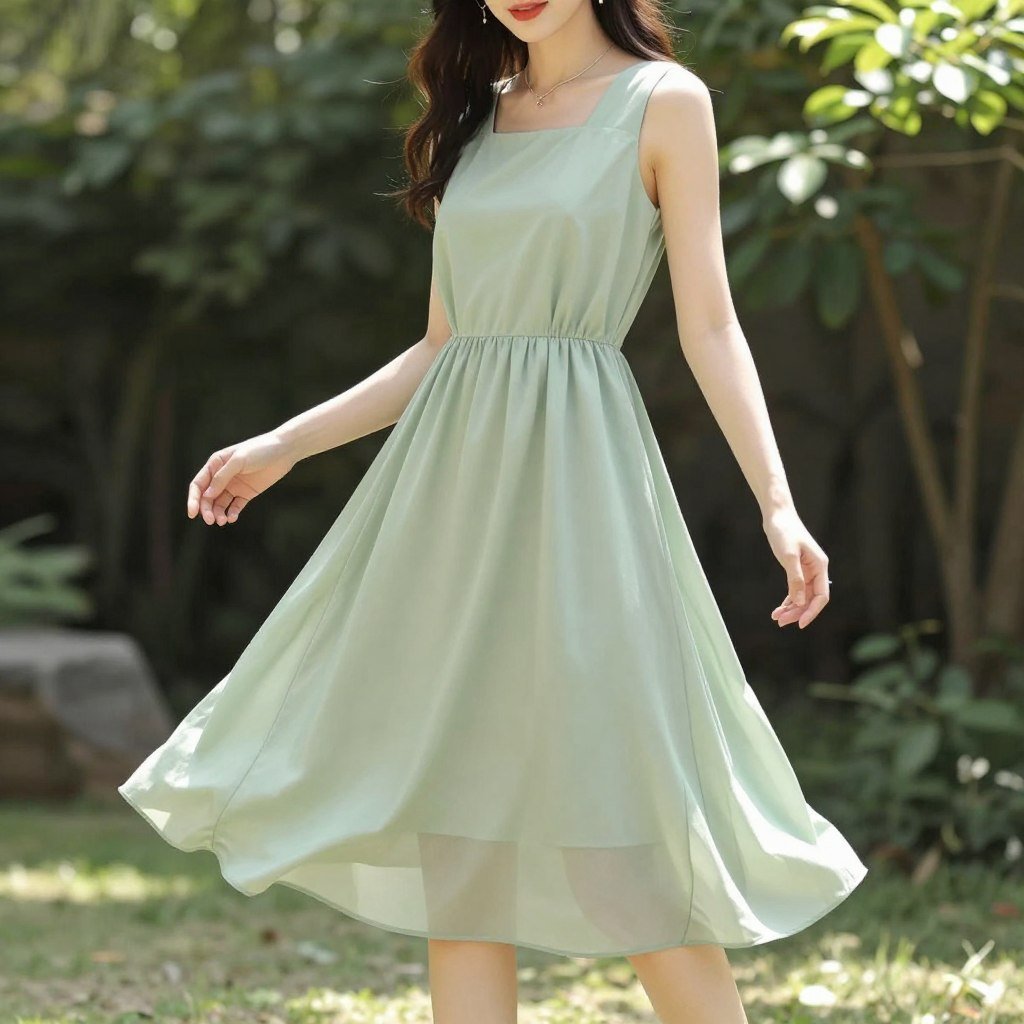 Woman in soft sage green summer dress