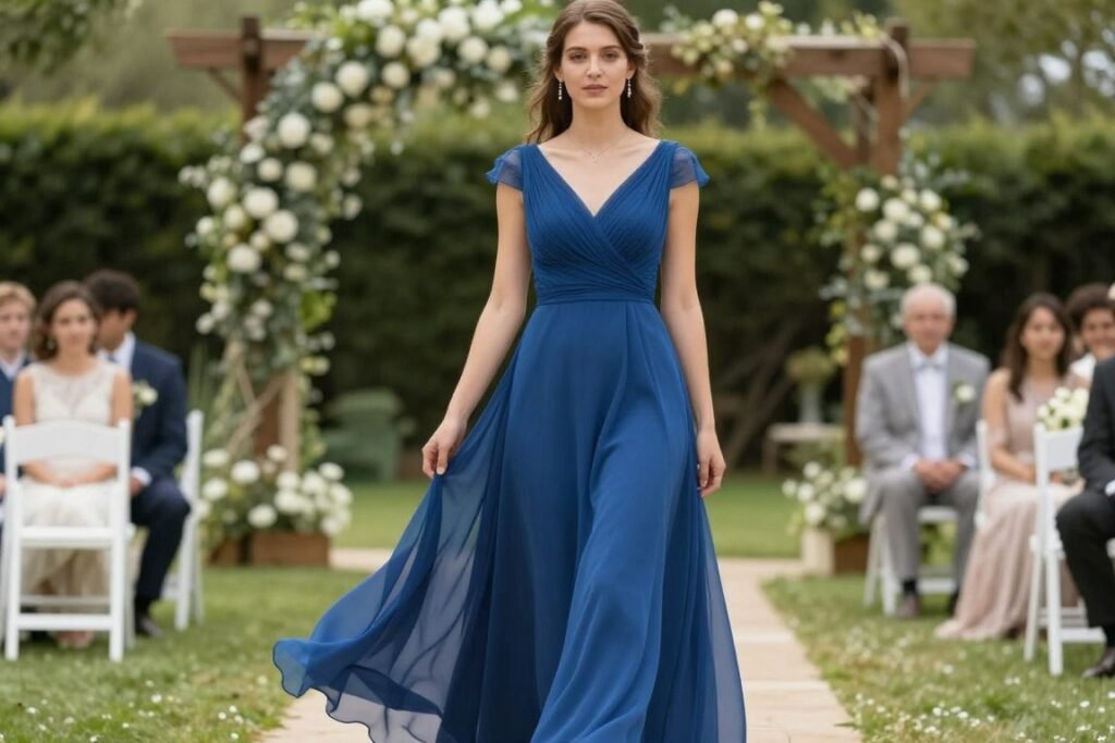 Woman in summer-appropriate black tie optional wedding guest dress