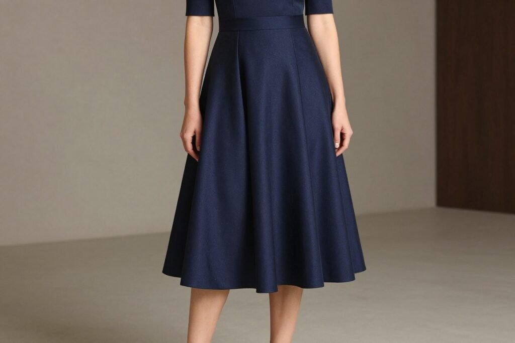 Woman in tea-length black tie optional wedding guest dress