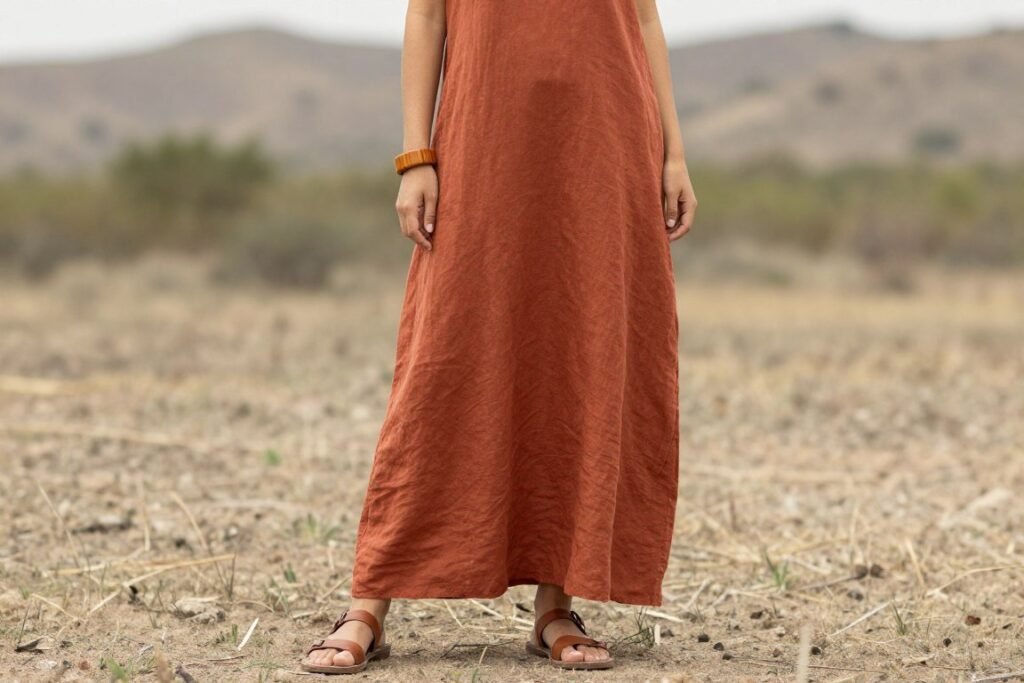 Woman in terracotta linen maxi dress in natural setting