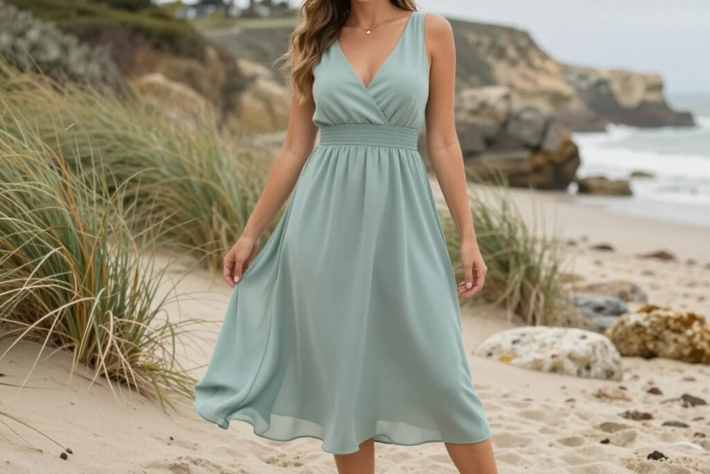 Woman in versatile beach wedding guest dress suitable for domestic coastlines