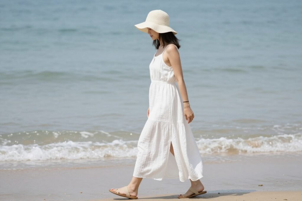 Woman in white cotton gauze maxi dress walking along shoreline