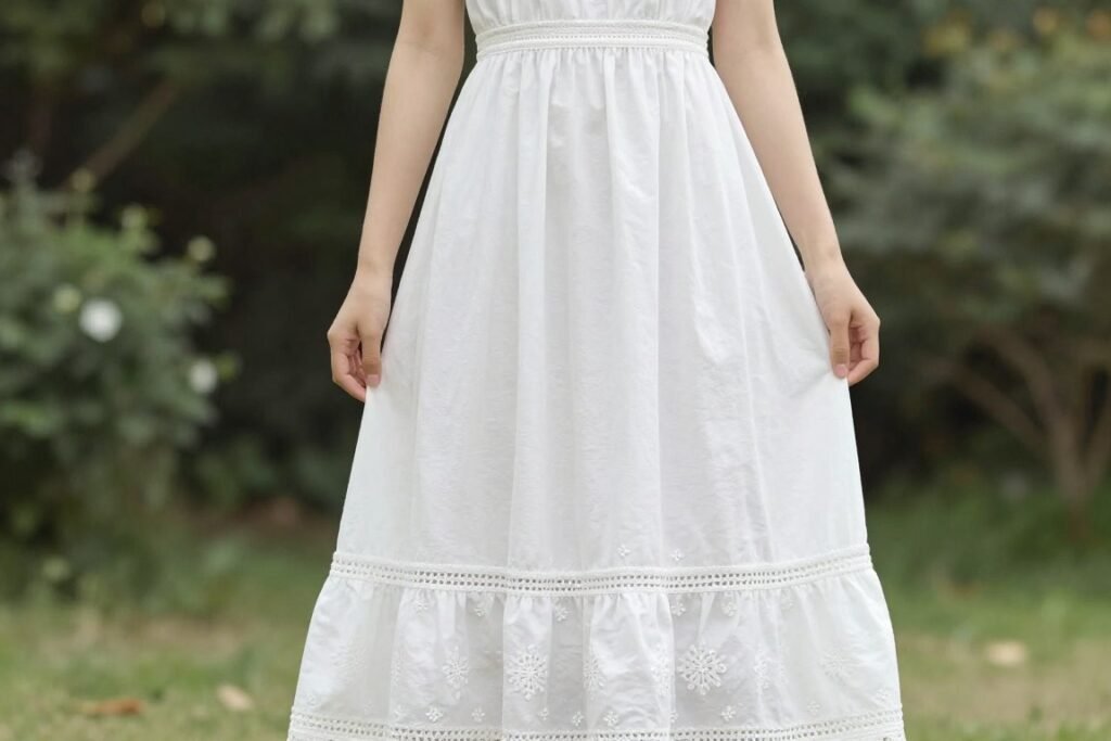 Woman in white cotton maxi dress with embroidery details