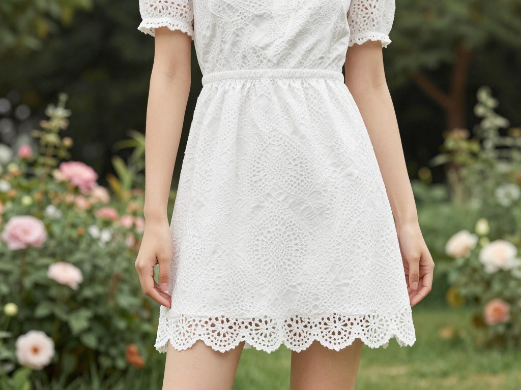 Woman in white eyelet short summer dress
