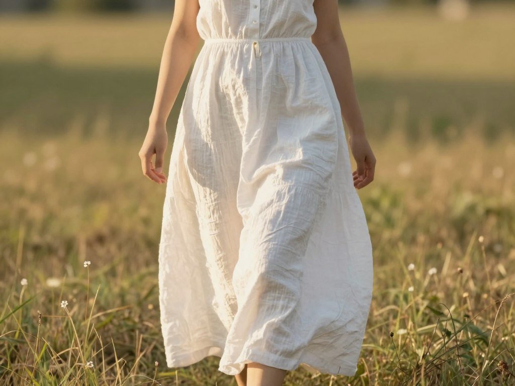 Woman in white linen maxi dress walking through field
