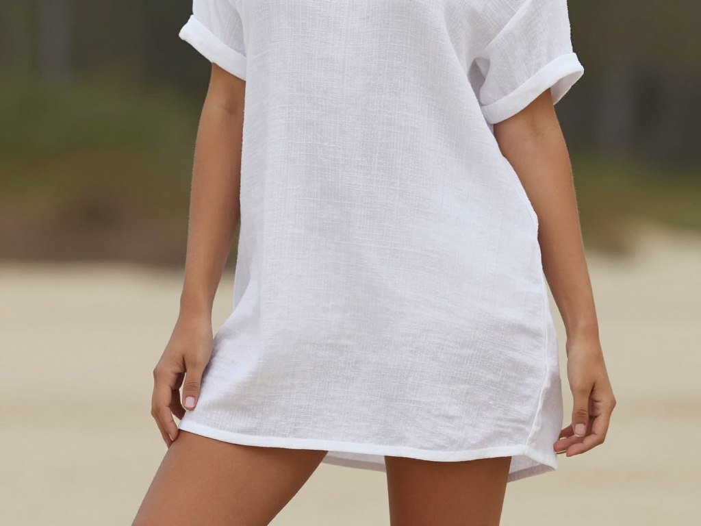Woman in white linen short summer dress