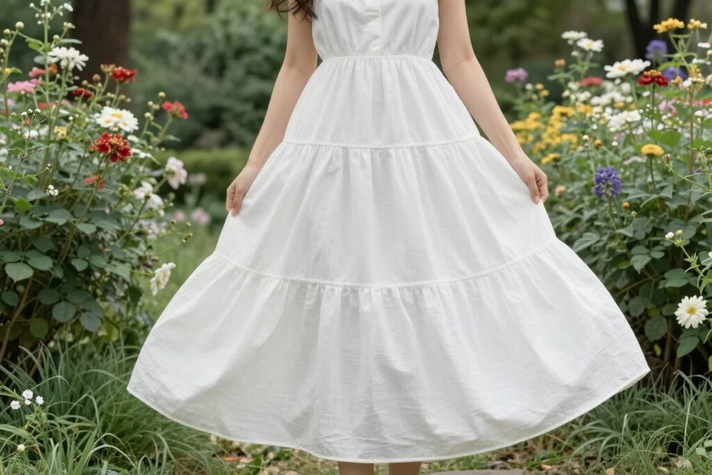 Woman in white tiered long summer dress in garden setting