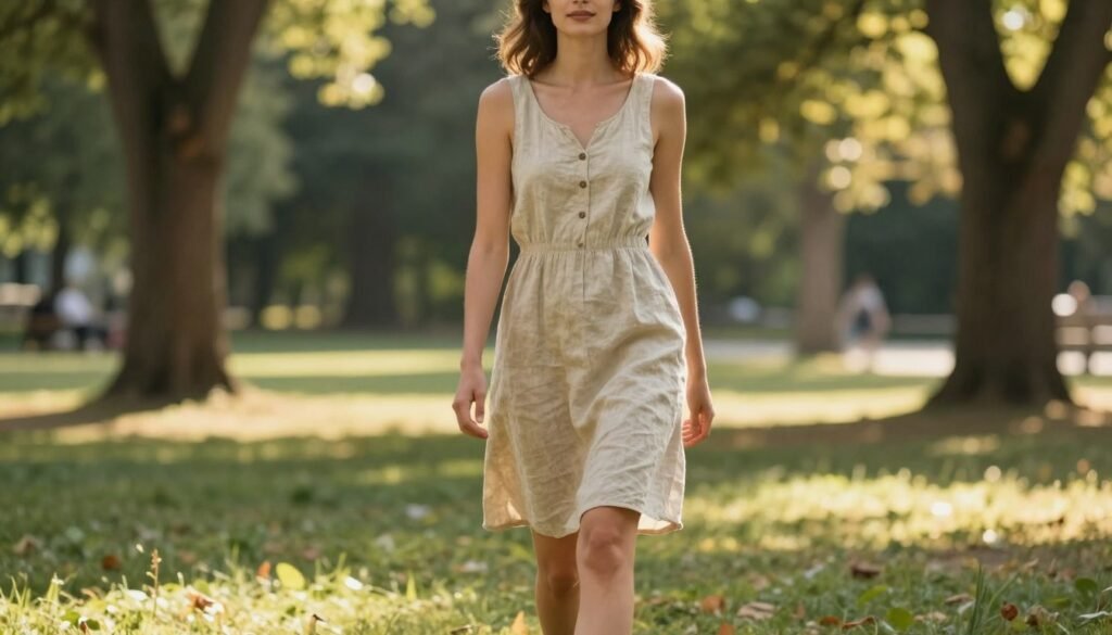 Woman looking relaxed and confident in a casual summer dress walking through a sunlit park