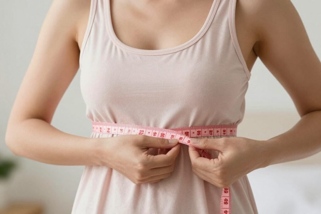 Woman measuring for proper babydoll dress nightwear fit