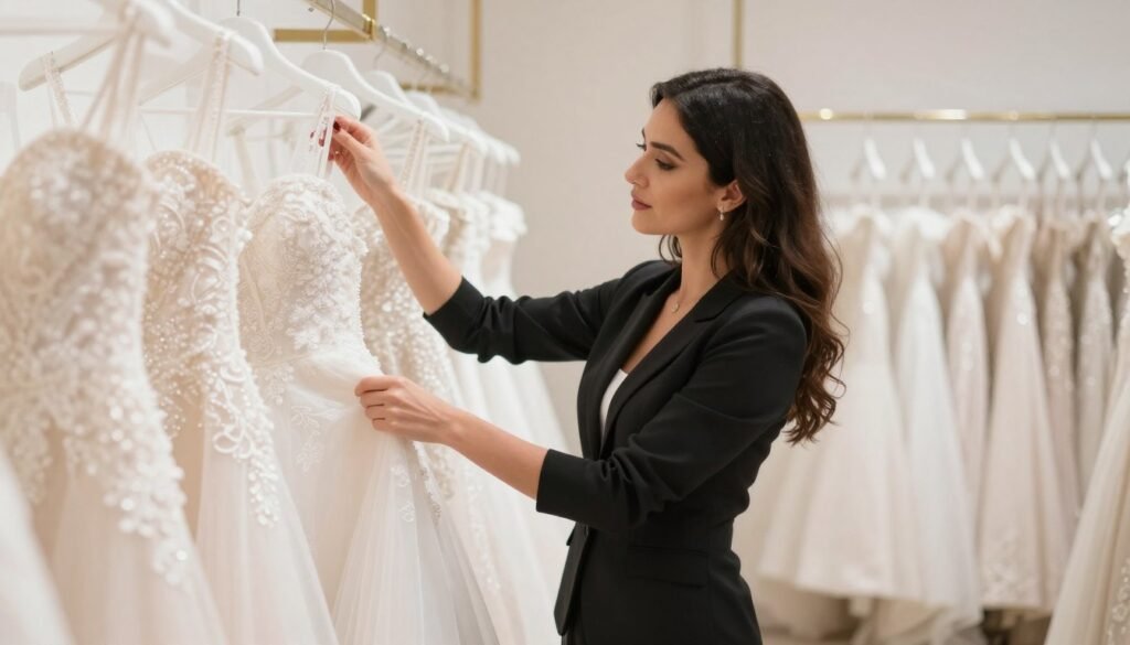 Woman shopping for wedding guest dresses looking at options thoughtfully