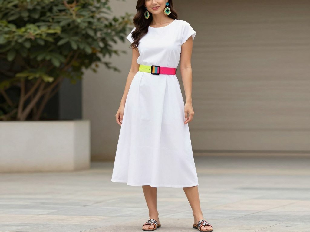 Woman styling a simple white summer dress with colorful accessories